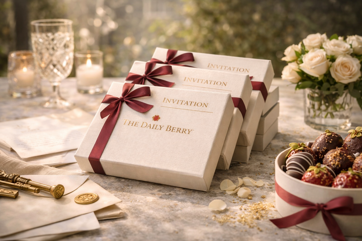Stacked Daily Berry invitation boxes with burgundy ribbons, candles, and roses